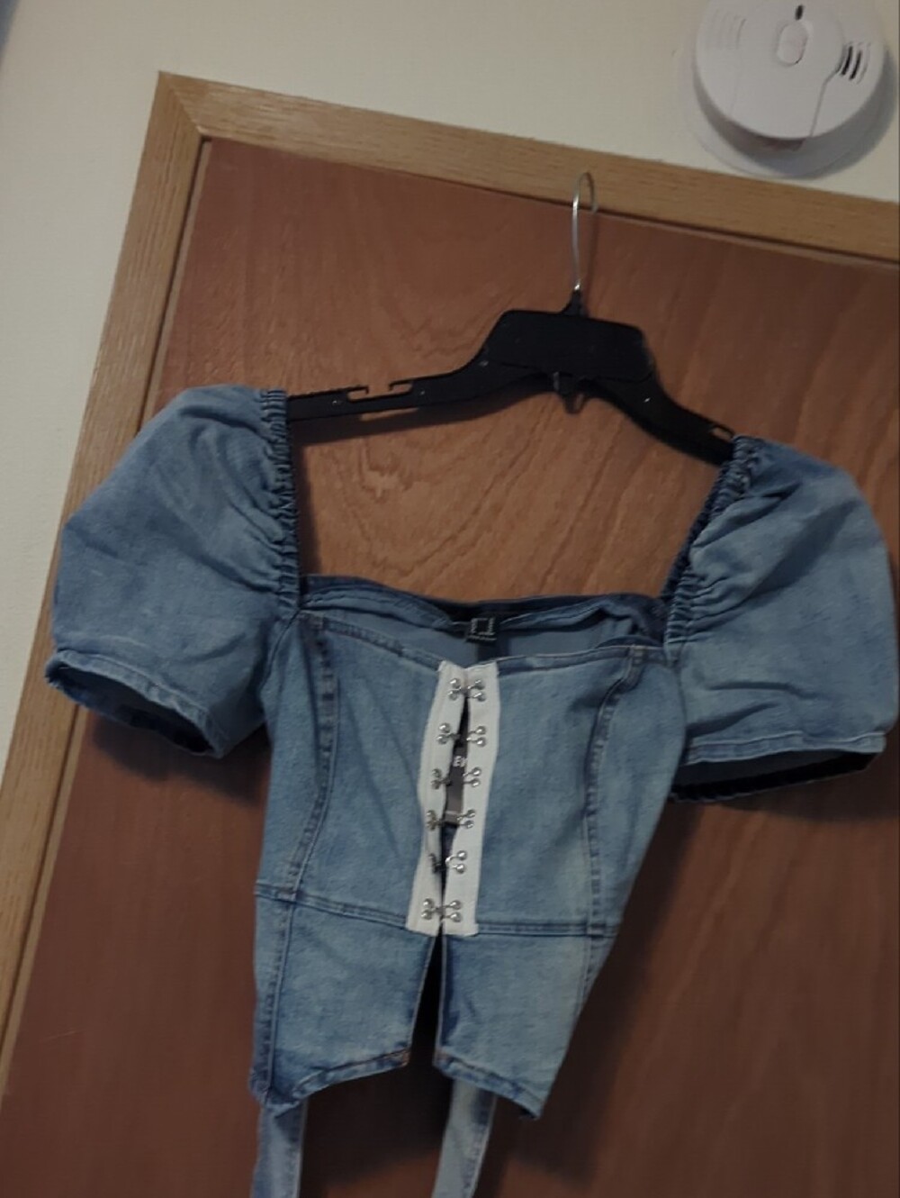 Forever 21 Light Blue Denim Puff-Sleeve Corset Top - Picture 2 of 13